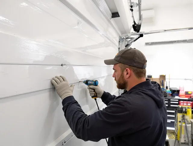 North Port Garage Door Repair technician demonstrating precision dent removal techniques on a North Port garage door