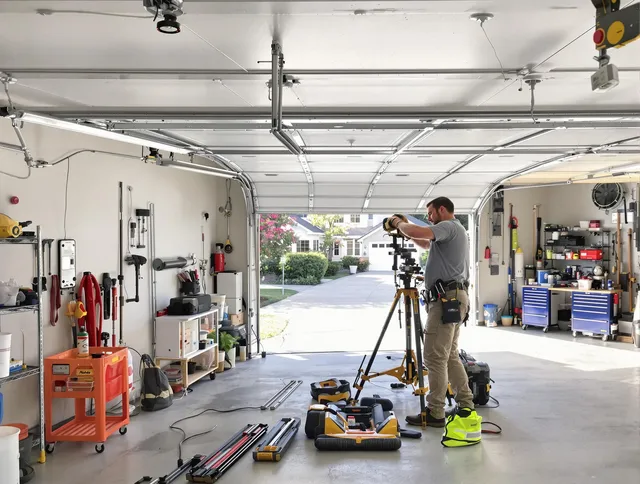 North Port Garage Door Repair specialist performing laser-guided track alignment in North Port